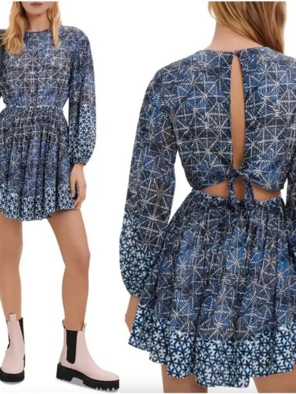 Maje Blue Patterned Long-Sleeve Mini Dress